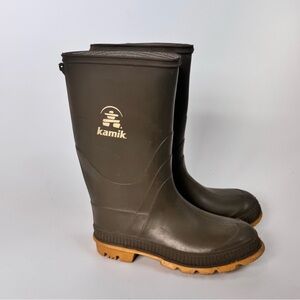 Kamik Hinter Rubber Rain Boots Hunter Green with Mustard Yellow Soles Size 3